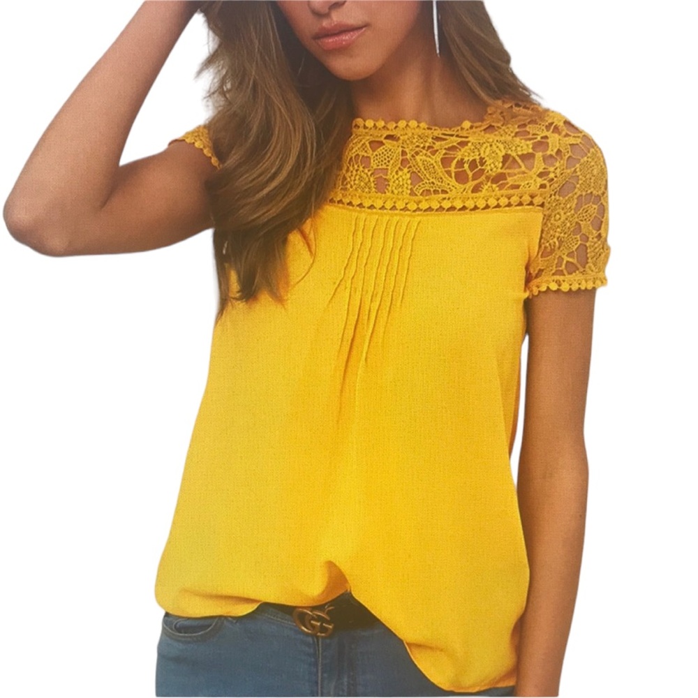 Lace Inset Short Sleeve Casual Blouse - Picture 3 of 5